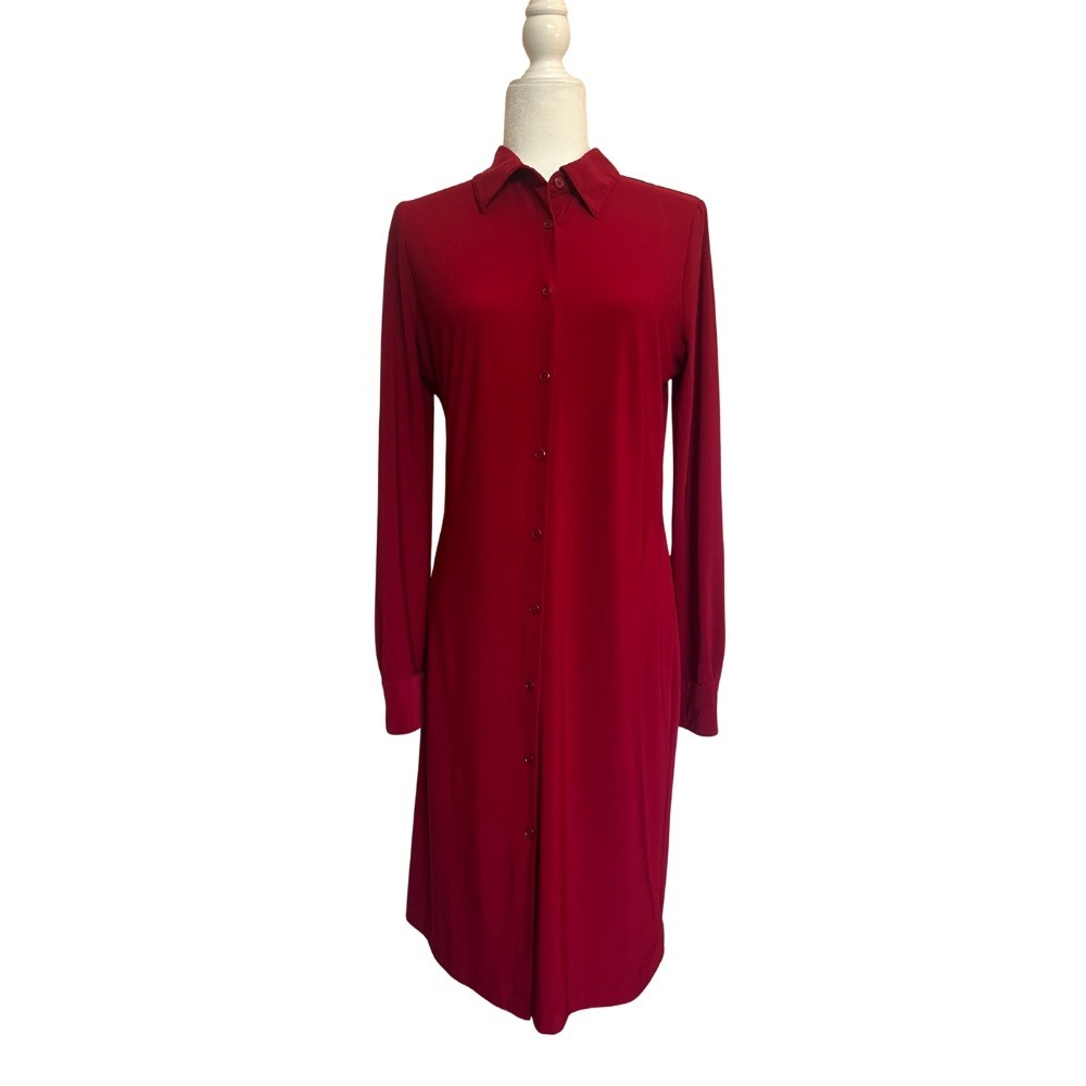 Norma Kamali Red Shirt Dress Button Down Long Sleeve‎ Knee Length Career M